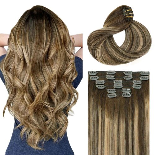 SAFIRENY Clip in Hair Extensions Real Human Hair Balayage Chocolate Brown To Caramel Blonde 18 Inch 120g Natural Straight Clip On Hair Extensions 6pcs Per Set with 18 Clips (#4/27/4,18")