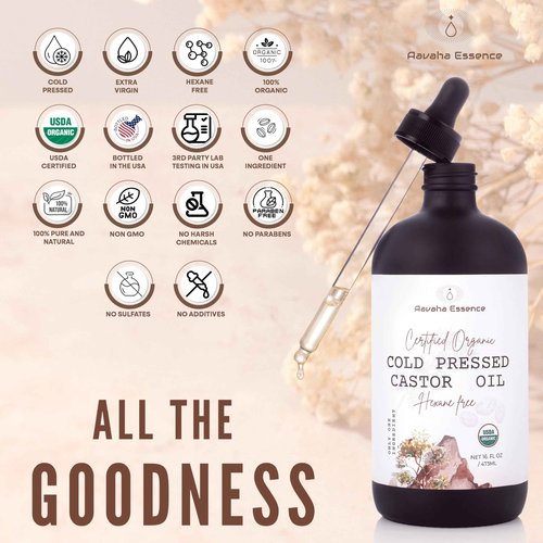 Aavaha Essence Organic Castor Oil – Cold-Pressed, Hexane-Free, 100% Pure & USDA Certified – Cold Pressed Oil for Hair, Skin, Eyelashes & Brows – 16 oz Glass Bottle with Dropper + Mini Glass Roll-On