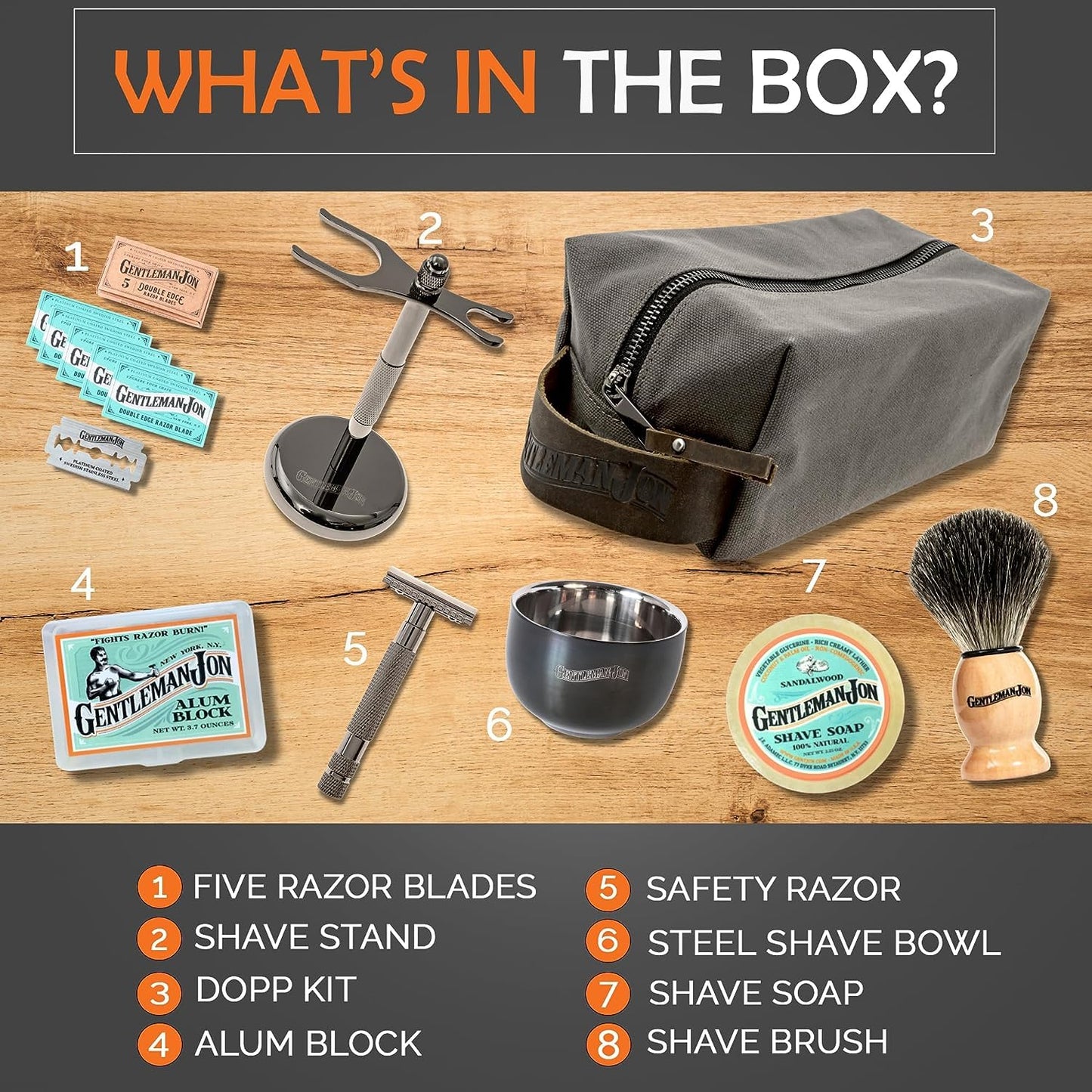 Gentleman Jon Supreme Shaving Collection - Deluxe Safety Razor Shaving Kit & Extra 50-Pack Platinum Double Edge Razor Blades - Extensive Wet Shave Set for Men - Superior Comfort and Smooth Shaves