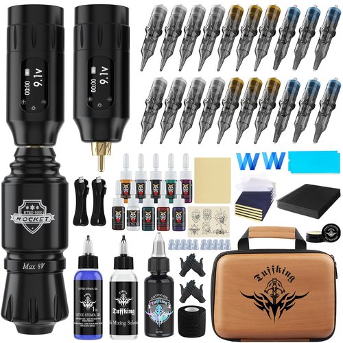 Tattoo Gun Kit - Perfessional Tattoo Machine Kit for Beginners Complete Tattoo Set with 2 Batteries Rotary Tattoo Pen & 20Pcs Cartridge Needles for Artist Starter Tattoo Supplies (Battery-II-82Pcs)