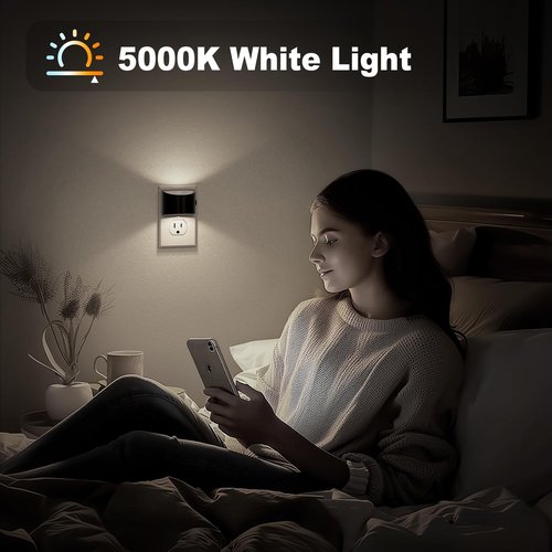 JandCase Night Light, Automatic Night Lights Plug into Wall,2 Pack Dusk to Dawn Sensor Nightlight, 5000K Brightness Adjustable Nightlight for Kids Bedroom Hallway Kitchen Decor