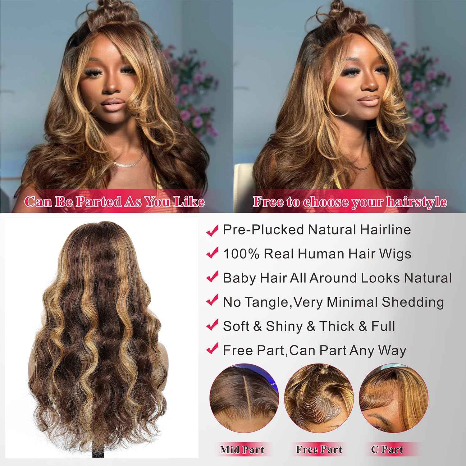 MARUOL Honey Blonde Ombre 13x6 Lace Front Wigs Human Hair 200% Density Highlight Body Wave HD Lace Front Wigs Pre Plucked Glueless P4/27 Colored Wig for Women Average Cap Tangle Free 22in
