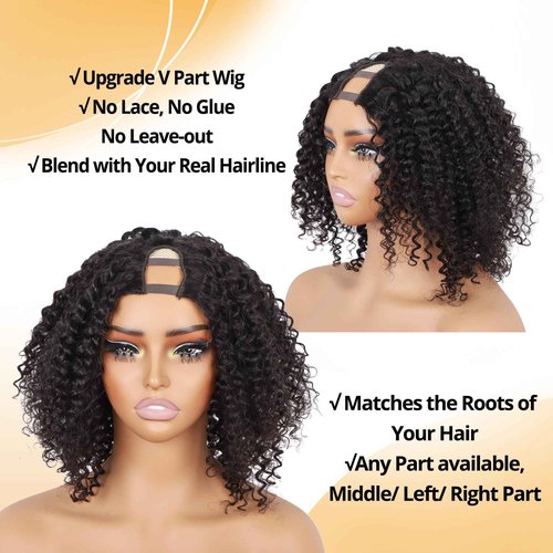 V Part Wig Human Hair 12A Deep Curly Wig Human Hair Glueless U Part Wig with Clip 180% Density Half Wigs for Women Beginner Friendly No Sew In No Glue (1B, 18inch)