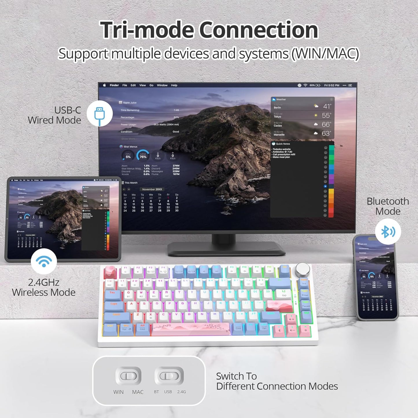 400PRO 75% Wireless Creamy Mechanical Keyboard Pink, Gasket Hot Swappable RGB Gaming Keyboard Bluetooth/2.4GHz/USB-C Cute Key Board with Pre-lubed Cream Grey Switches (82 Pink White)