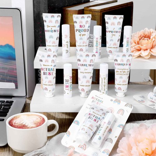 Loopeer 48 Set/ 96 Pcs Christmas Teacher Lip Balm Lotion Gift Set Bulk Boho Rainbow Mini Hand Cream Sets Xmas Stocking Stuffers Thank You Small Gifts for Women Employee Coworker Staff Volunteer