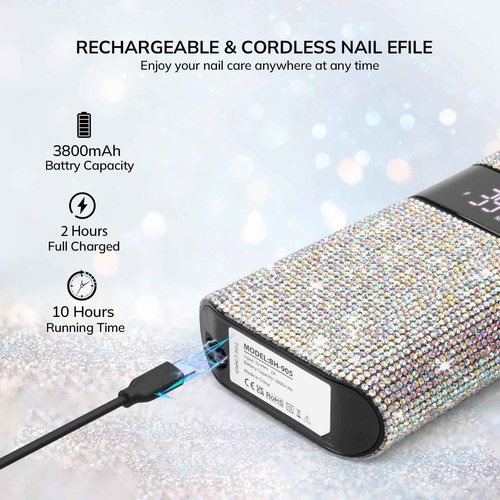 Professional Rechargeable Nail Drill Machine, Lavinda Diamond 35000RPM Electric Nail File Cordless Portable Nail Drill with Coreless Motor for Acrylic Nails, Manicure Pedicure Tool, Crystal Diamond