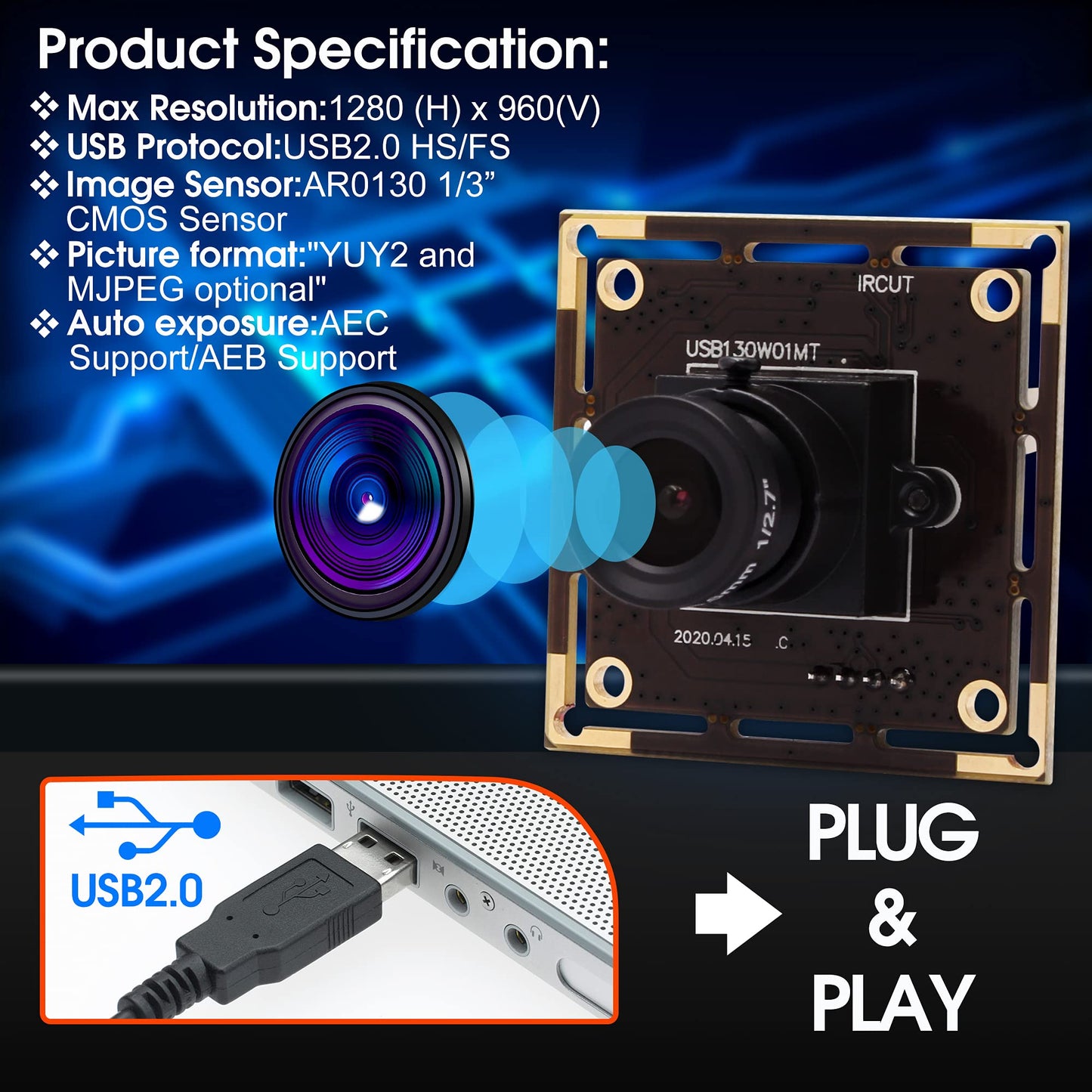 960P Low Light USB Camera Module for Computer Mini UVC USB2.0 Webcam Board 1.3megapixel 0.01Lux Low Illumination USB with Camera AR0130 3.6mm Lens PC Lightburn Camera for Raspberry Pi Laptop Opencv