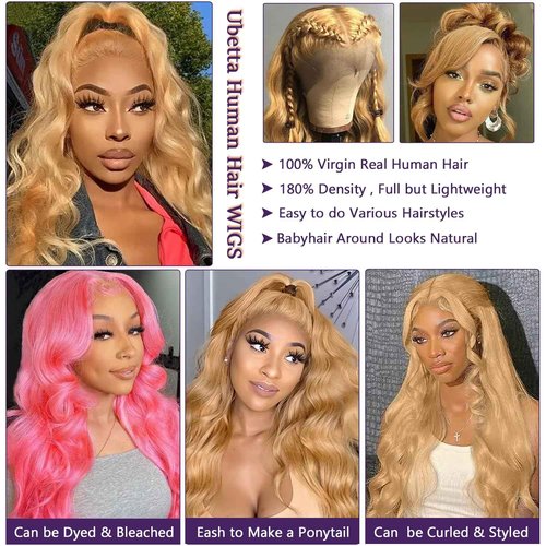 Ubetta Honey Blonde Wig Human Hair, Body Wave Honey Blonde Lace Front Wig Human Hair Glueless 13x4 HD Wigs Human Hair Pre Plucked 180% Density Lace Frontal Human Hair Wigs 27# Blonde Wig 20 Inch