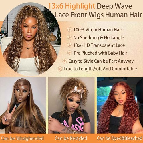 AKUZO Highlight Ombre Deep Wave Lace Front Wigs Human Hair 13x6 Lace Front HD Lace Front Wigs 4/27 Honey Blonde Lace Frontal 200 Density Glueless Wigs Pre Plucked Baby Hair 20inch