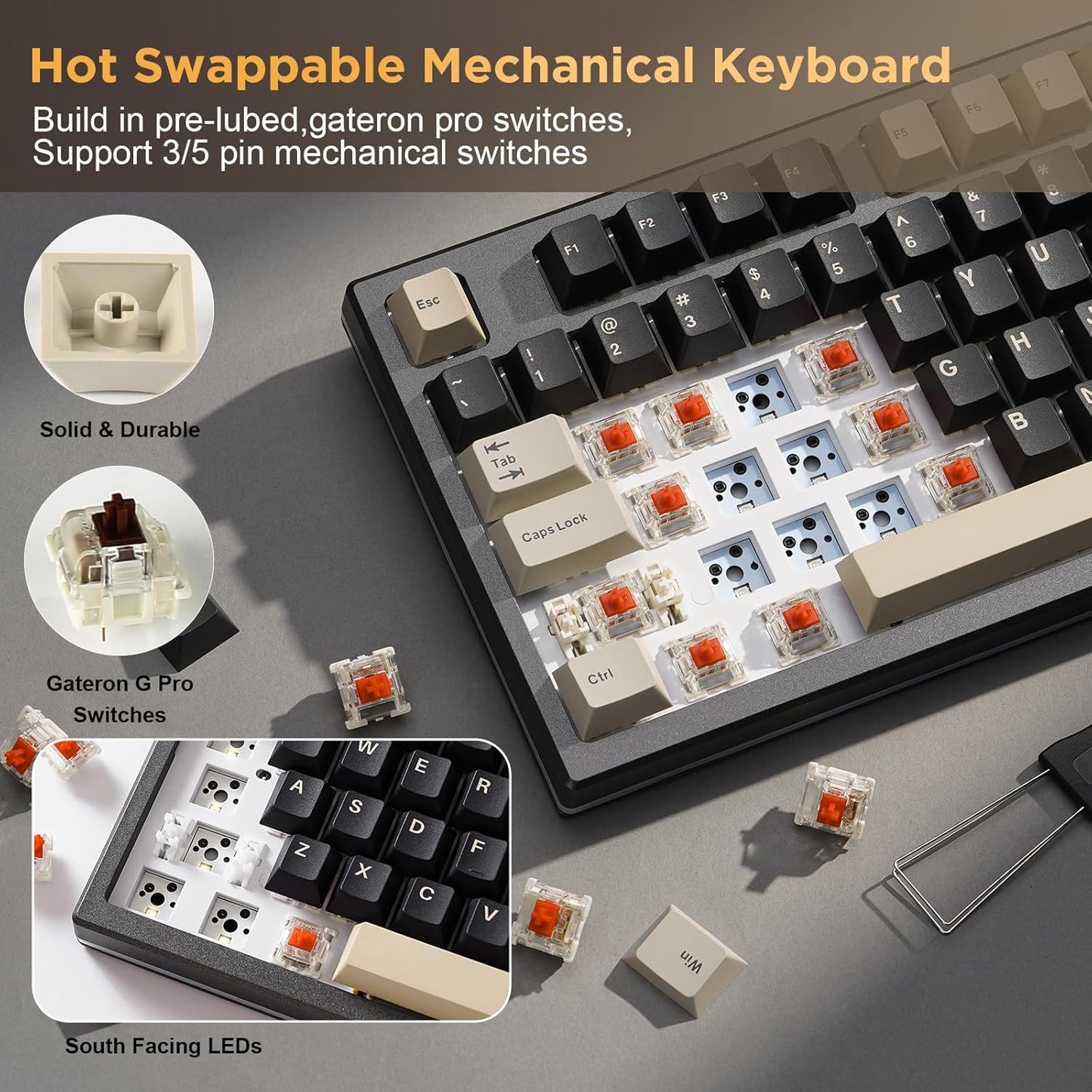 YUNZII YZ75 75% Hot Swappable Wireless Gaming Mechanical Keyboard, RGB Backlights, BT5.0/2.4G/USB-C, Dye Sub PBT Keycaps for Linux/Win/Mac(Gateron G Pro Red, Black)