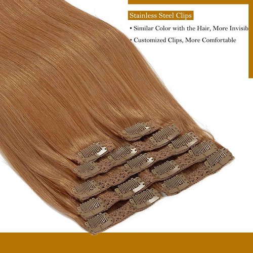 Loxxy Real Hair Extensions Clip in Human Hair Auturn Blonde Hair Clip in Extensions Double Weft Brazilian Remy Human Hair Clip ins #30 Blonde Clip in Extensions 14 Inch 7pcs 120g 16 Clips
