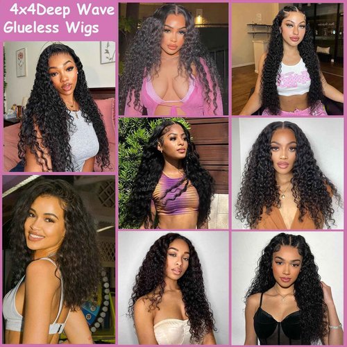 Potoki Glueless Wigs Human Hair Pre Plucked Pre Cut Deep Wave Lace Front Wigs 4x4 Closure Wigs 150% Density Natural Black Color (26 Inch)