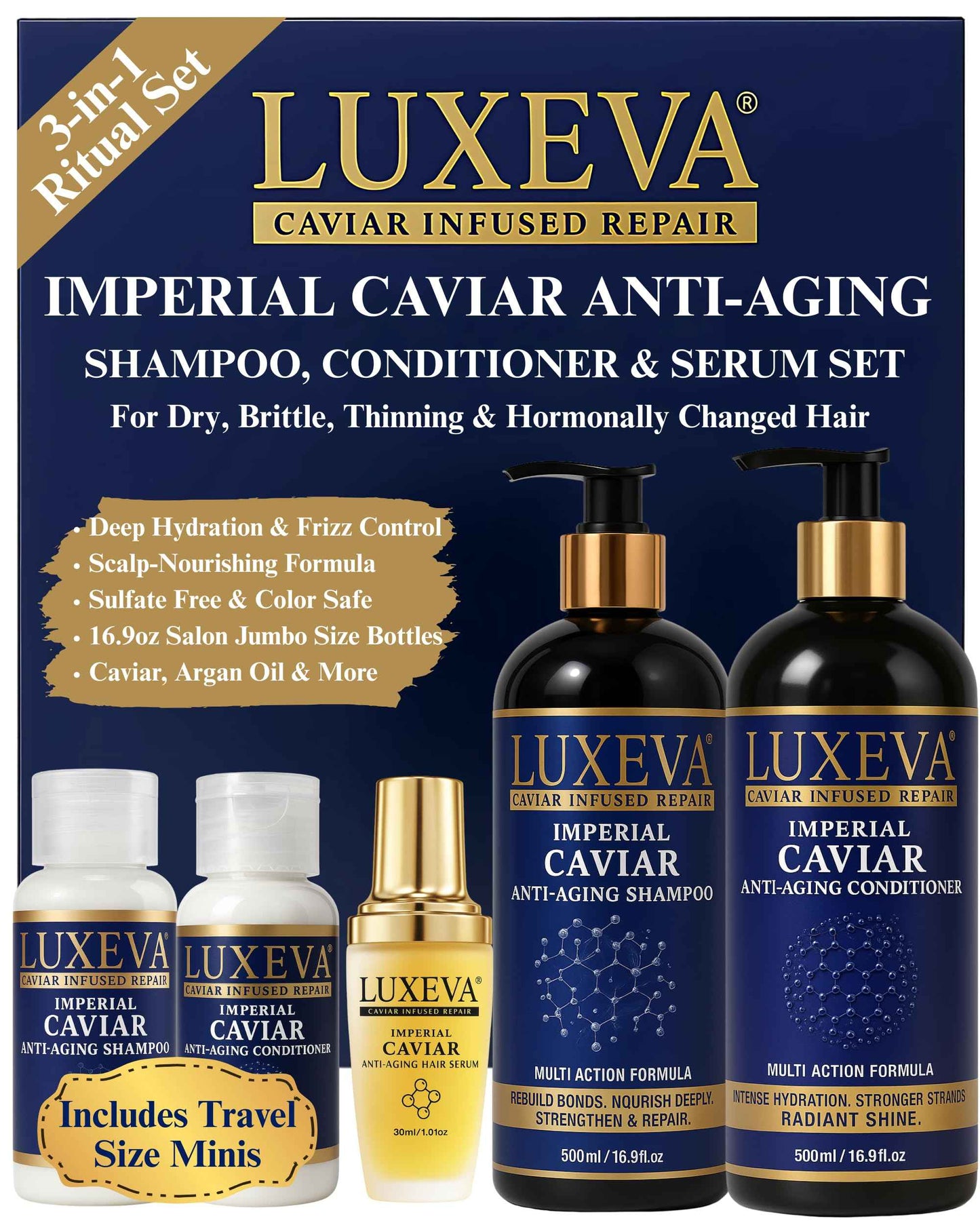 LUXEVA 3 in 1 Imperial Caviar Hydrating Shampoo & Conditioner Set For Bond Repair, Dry, Damaged & Anti-Aging Hair Care. Moisturizing Sulfate Free Shampoo & Conditioner For Women, Men | 90 Days Supply