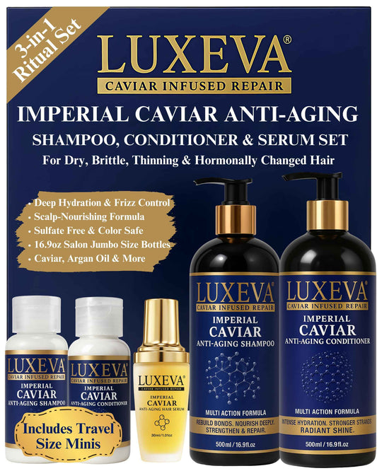 LUXEVA 3 in 1 Imperial Caviar Hydrating Shampoo & Conditioner Set For Bond Repair, Dry, Damaged & Anti-Aging Hair Care. Moisturizing Sulfate Free Shampoo & Conditioner For Women, Men | 90 Days Supply