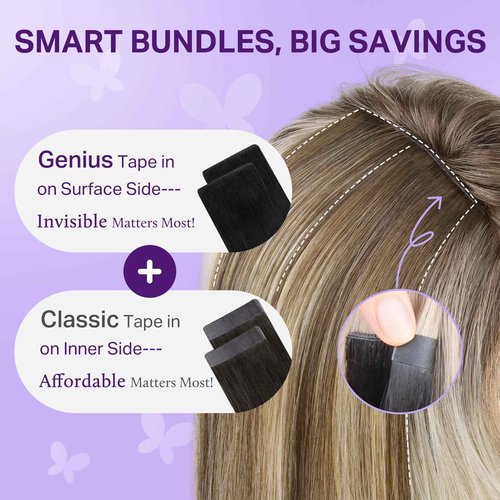 DOORES Hair Extensions Real Human Hair Genius Tape in, Balayage Natural Black to Light Blonde 20 Inch 50g/20pcs, Seamless Real Hair Tape in Extensions