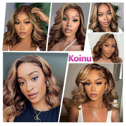 Highlight Bob Wig Human Hair 13x4 HD Lace Front Wigs Human Hair Pre Plucked Glueless Short Body Wave Bob Wigs for Women Human Hair 180 Density Ombre Brown Honey Blonde P4/27 Loose Wave Bob Wig 14 inch