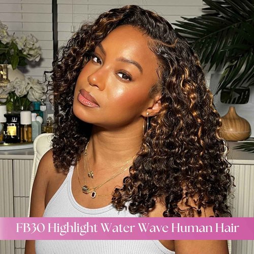 Anmetan Honey Blonde Highlight Black and Brown Ombre 4x4 Closure Water Wave Human Hair 20 In, 12A F1B30 Color Wet and Wavy 100% Remy Pre-plucked with Baby Hair Free-part Hairline 4x4 Lace Closure
