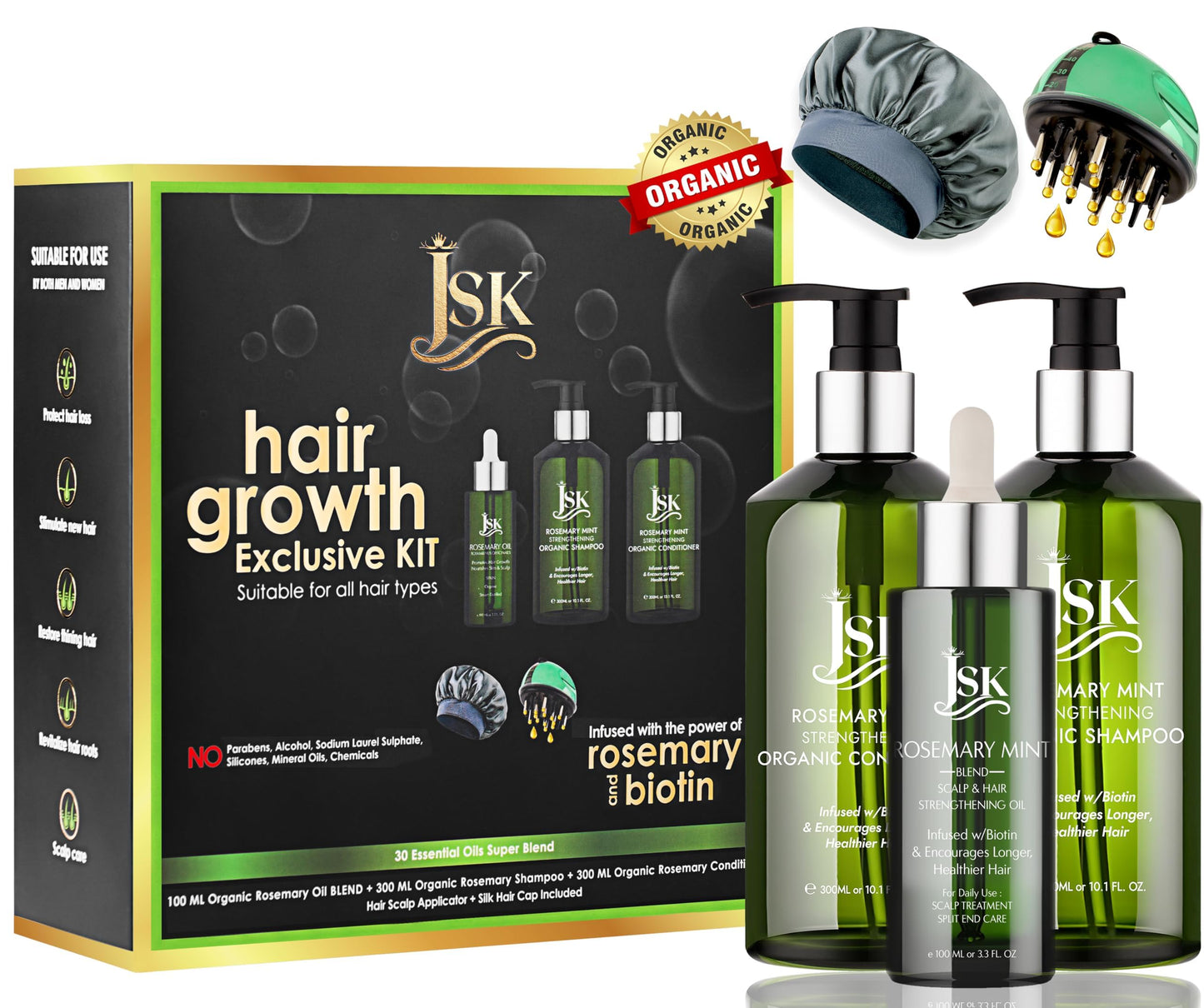 JSK Hair Growth Shampoo & Conditioner Set Biotin & Rosemary for Thinning Hair, DHT Blockers, Hair Care Kit for Men & Women, Includes Scalp Massager & Bonnet, Sulphate-Free Thickening & Moisturizing
