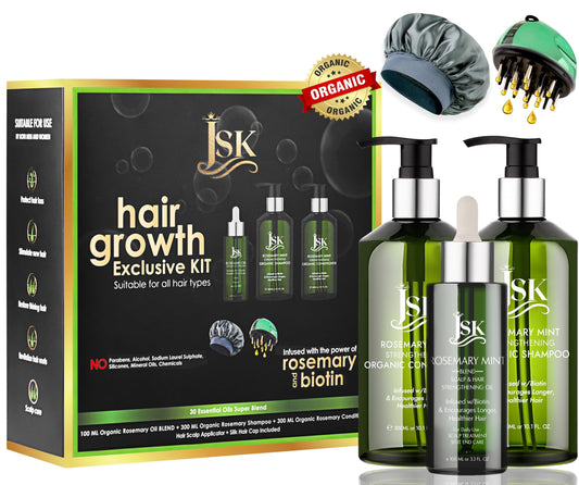 JSK Hair Growth Shampoo & Conditioner Set Biotin & Rosemary for Thinning Hair, DHT Blockers, Hair Care Kit for Men & Women, Includes Scalp Massager & Bonnet, Sulphate-Free Thickening & Moisturizing