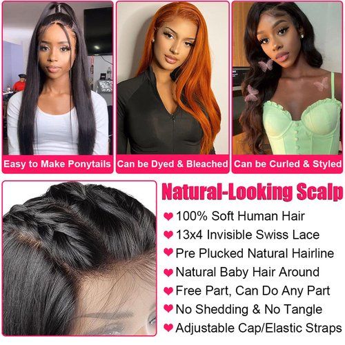 Queen Story 24 Inch HD Lace Front Wig 13x4 Lace Front Wig Straight Human Hair Wig 180% Density 9A Brazilian Virgin Human Hair Lace Front Wig for Women Natural Hairline