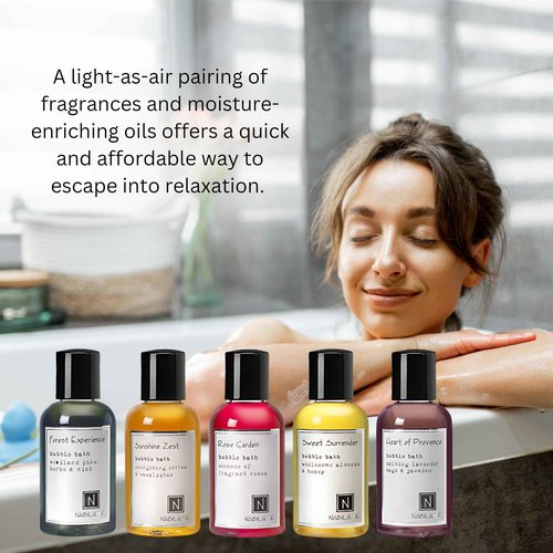 Assorted Travel Size Bubble Bath Collection (Set of 5) by Nabila K - Forest Experience, Sunshine Zest, Rose Garden, Sweet Surrender, Heart of Provence - Essential Oils with Natural Ingredients - 2 oz