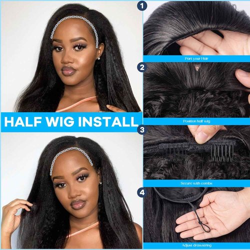 CARA 3 in 1 Half Wig kinky straight, Seamless Flip Over Half Wigs Glueless Wear and Go Beginner Friendly Clip In Hair Drawstring Headband Wig for Women 1B (22inch)