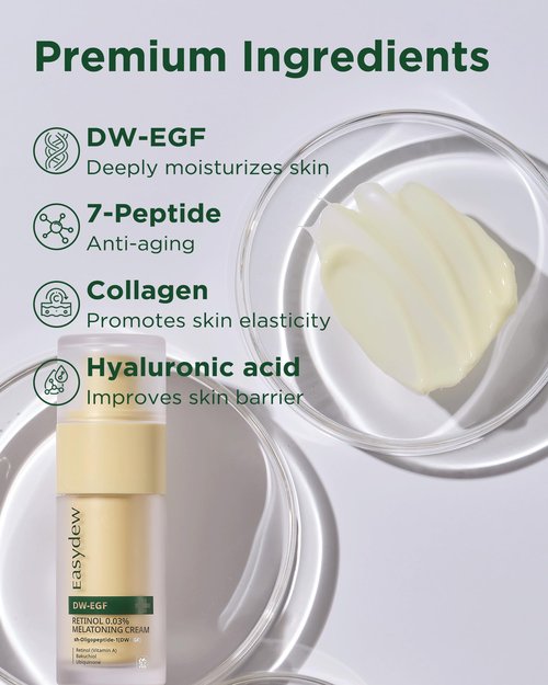 EASYDEW DW-EGF Peptide Retinol 0.03% Cream – Beginner Retinol Night Cream for Hypoallergenic Skin Care - Firm Skin, Wrinkle Improvement - Korean Daily Anti Aging Face & Neck Treatment, 1.01fl. oz.