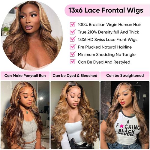 SFTNMEH Honey Blonde Ombre 13x6 Lace Front Wig Human Hair 210 Density Highlight Body Wave Lace Front Wigs Human Hair Pre Plucked Glueless Lace Frontal Wig for Women 4/27 Colored 22Inch