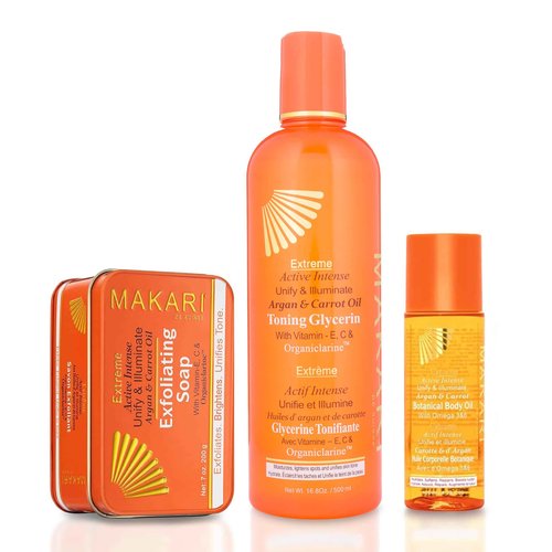 MAKARI Extreme Active Intense Skincare Trio | Argan & Carrot Oil Exfoliating Soap, Botanical Body Oil, and Tone-Boosting Body Glycerin | Brightens, Hydrates, and Fades Marks for All Skin Types Except