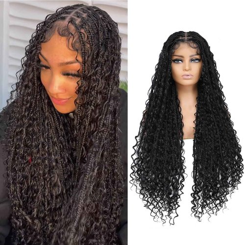 Humistwbiu Boho Box Braid Knotless Goddess Locs Wigs with Curly Ends Double Full Lace Square Synthetic Braided Wigs with Baby Hair for Woman Natural Black 36 Inch