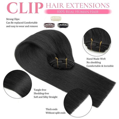 Clip in Hair Extensions Real Human Hair Clip-in Black Hair Extensions 3.9oz/110g Clip ins 100% Brazilian Remy Human Hair for Women Straight 8pcs with 18 Clips Double Weft (22 Inch #1 Jet Black)