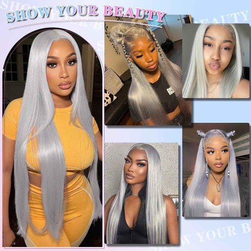 Mscathy 200% Grey Human Hair Wigs Straight 13×4 UHD Transparent Pre Plucked Pre Cut Gray Lace Front Wig Virgin Human Hair Glueless Lace Front Wigs for Women 24 Inch