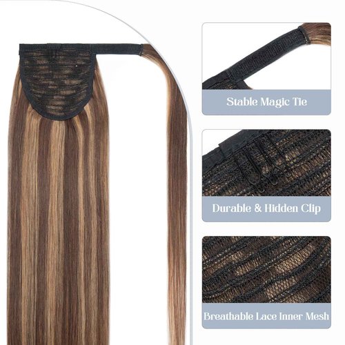 Rich Choices Ponytail Extension 100% Real Human Hair Wrap Around Remy Ponytail Extension for Women Clip In Long Pony tail Extensions Straight 15 Inch #4P27 Medium Brown Highlighted Dark Blonde