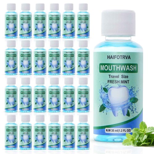 HAIFOTRVA 100 Pcs Mini Mouthwash Travel Size Bulk,Blue Portable Mint Flavor Mini Mouthwash Individual 35ml/1.2oz On The Go Mouth Wash Small Bottle for Travel,Office,Toiletry Kits