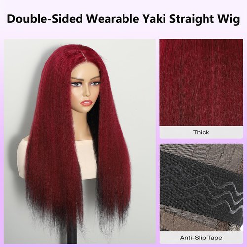 Sogram Wear and Go Glueless Yaki Straight Human Hair Wig Double Wear Wig No Glue Transparent HD Lace Wig 4x4 Kinky Straight Lace Closure Wigs Human Hair 180% Density 22 Inch (Red and Black)