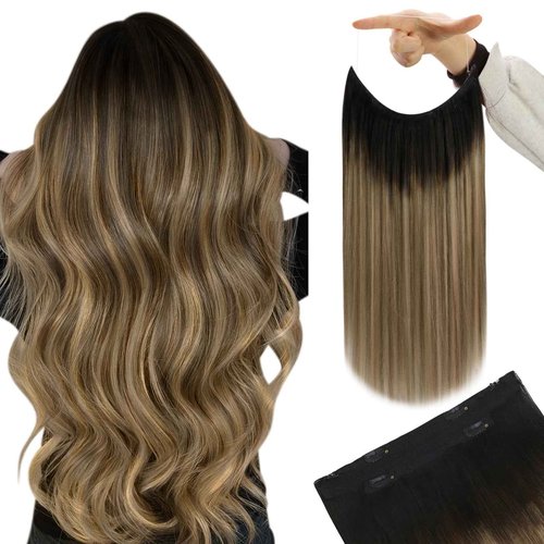 YoungSee Wire Hair Extensions Balayage Wire Hair Extensions Real Human Hair Ombre Fish Line Extensions Dark Brown Roots to Medium Brown with Blonde Dyable Remy Hair 14Inch 80G