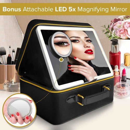 JENNI V Upscale PU Leather Makeup Bag with Light Up Mirror, 3 Brightness Settings, Adjustable Dividers - Replace Your Bulky Vanity While On the Go - Chic Travel Makeup Case Box - Makeup Organizer Bag