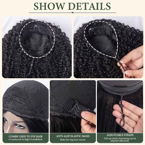 Prosa Kinky Curly Half Wig, 3-in-1 Synthetic Hair with Drawstring Headband, Clip-in Glueless Seamless Flip Over Design, Color 1B, for Women (26inch)