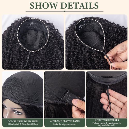 Prosa Kinky Curly Half Wig, 3-in-1 Synthetic Hair with Drawstring Headband, Clip-in Glueless Seamless Flip Over Design, Color 1B, for Women (18inch)