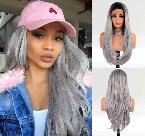 EALGA Ombre Black Grey Lace Front Wigs for Women Silver Grey Hair Wigs Long Natural Wavy Hair Wigs with Middle Part 22 inch Best Affordable Wig EALGA-014