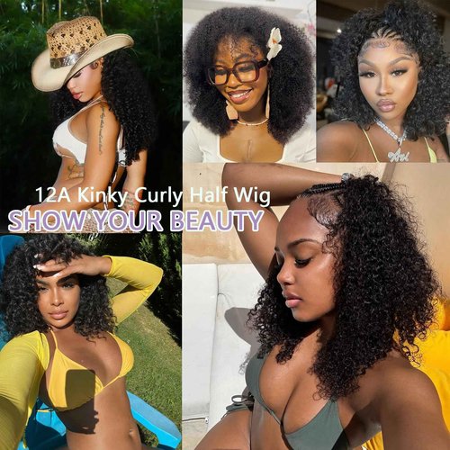 OZQKB 12A 220% Density Kinky Curly Half Wig Human Hair 3 In 1 Seamless Flip Over Half Wigs Wear Go Glueless Wigs Human Hair With Drawstring Beginner Friendly Headband Wig Human Hair For Women 18 Inch