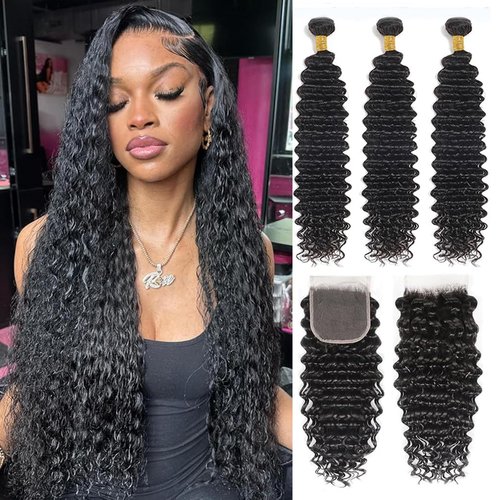 Deep Wave Human Hair Bundles with Closure Unprocessed Brazilian Deep Curly Human Hair Bundles with 4x4 Lace Closure Free Part 16 18 20 with16 Inch Natural Color