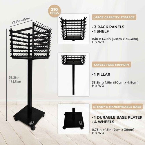 ORA SHOP - Braiding Hair Rack, Hair Extension Holder, Hair Braiding Tools, Hair Product Organizer, Wooden 3-Sided Rack Stand, Large Capacity (210 pegs)