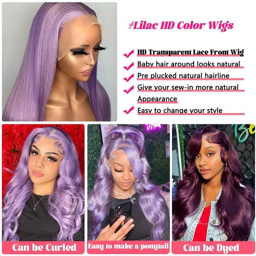 Dark Purple Lace Front Wigs Human Hair for Women,13x4 HD Transparent Deep Lilac Lace Frontal Straight Human Hair Glueless Wigs Pre Plucked with Baby Hair 150% Density 20 Inch