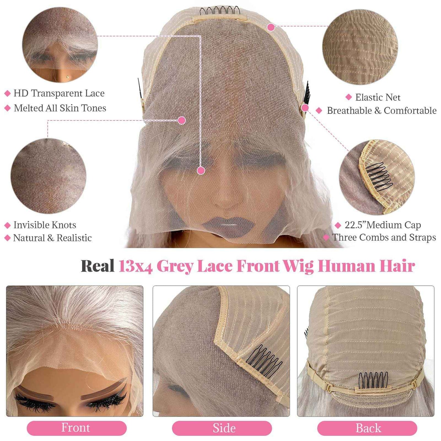 22 Inch Grey 13x4 Lace Front Wig Human Hair HD Transparent Silver Lace Front Human Hair Wigs for Black Women 180% Density Thick Silver Grey Wig Human Hair Free Part Glueless Frontal Wigs Pre Plucked