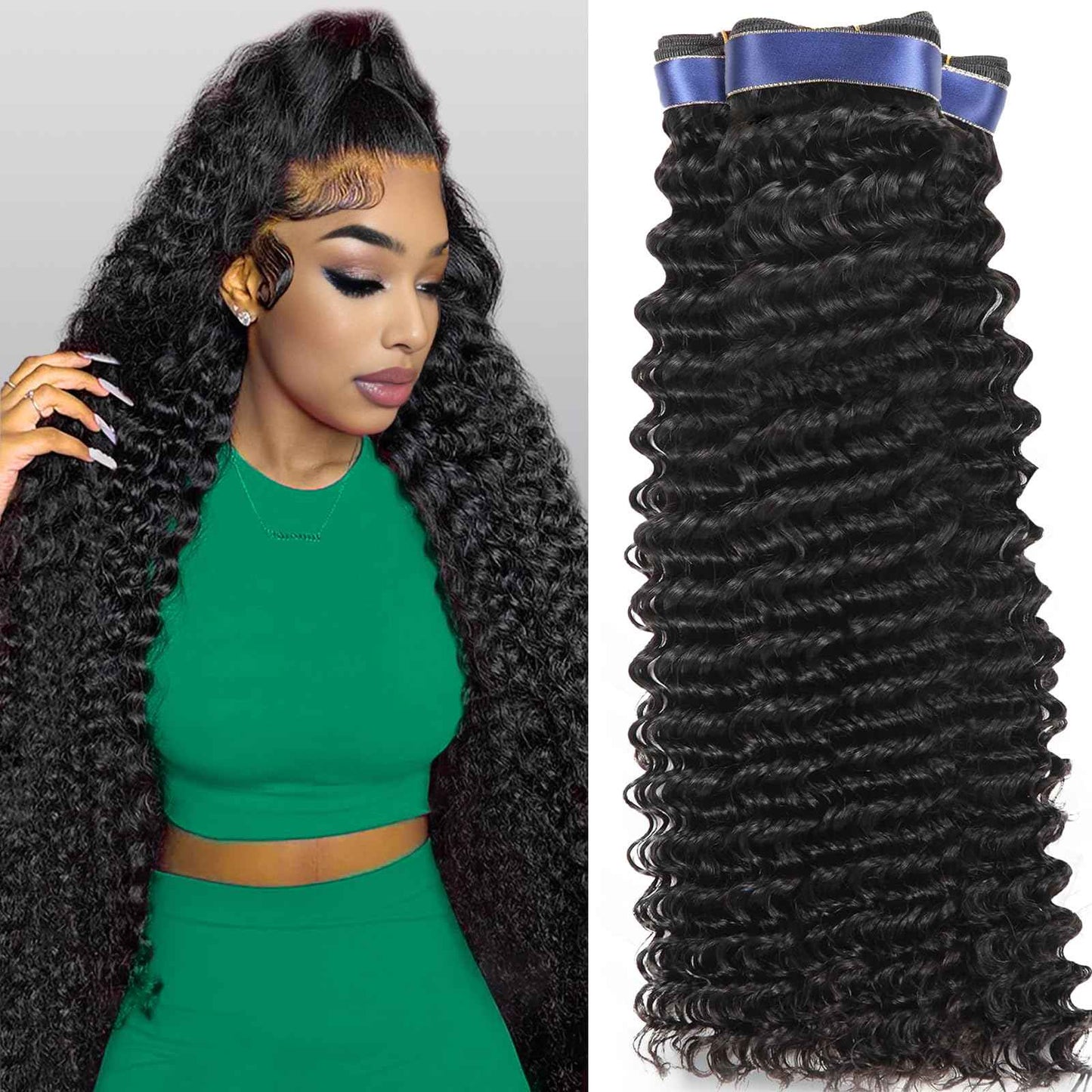 Human Hair Bundles 20 22 24 Inch Deep Wave Bundles Human Hair Curly 3 Bundle Deals 16A 100% Unprocessed Brazilian Raw Hair Weave Bundle Wet and Wavy Water Wave Human Hair Extensions Natural Black