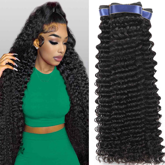 Human Hair Bundles 20 22 24 Inch Deep Wave Bundles Human Hair Curly 3 Bundle Deals 16A 100% Unprocessed Brazilian Raw Hair Weave Bundle Wet and Wavy Water Wave Human Hair Extensions Natural Black