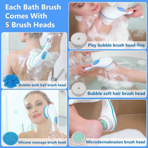OWIIZI Electric Bath Brush Back Scrubber for Shower, Detachable Long Handle Exfoliating Face Cleansing Silicone Massager, 5 Brush Heads, 6 Speeds, Deep Clean Electronic Body Brushes for Men Women