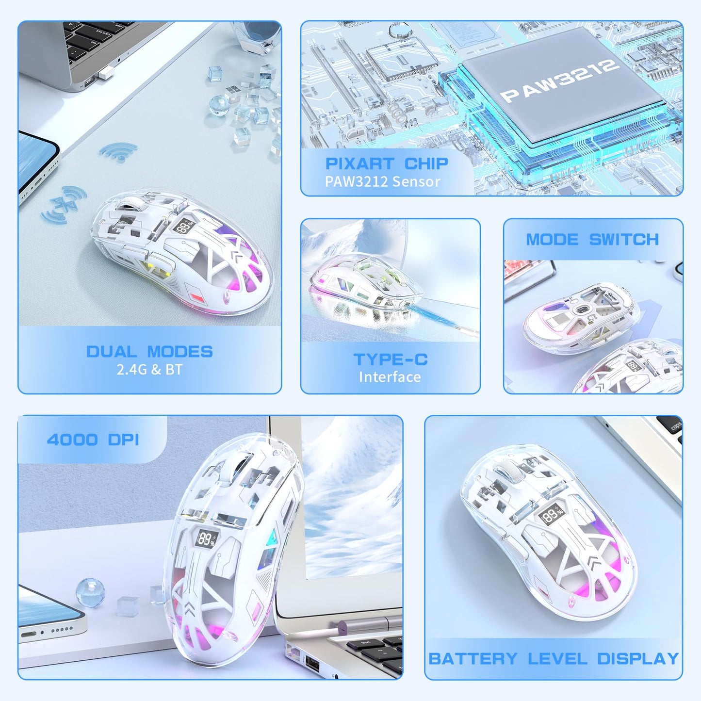 ZIYOU LANG A2 Transparent Wireless Gaming Mouse with Battery Level Display,Bluetooth/2.4G Wireless PC Mice,3D RGB Backlit,5 Million Clicks,PixArt 3212,up to 4000 DPI for Win/MAC (White)