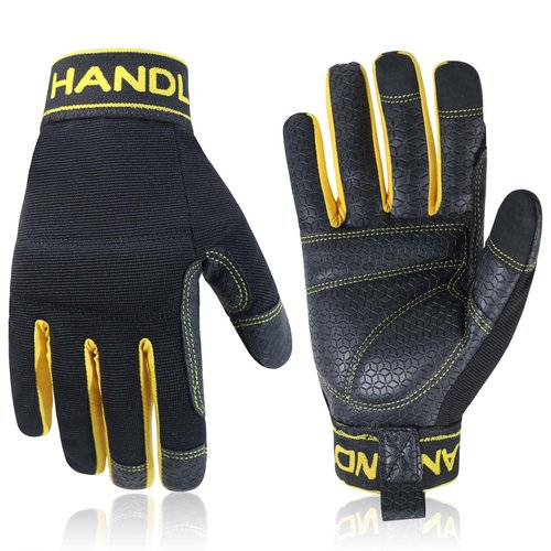 HANDLANDY Leather Work Gloves for Men & Women, Utility Mechanic Touch Screen Working Gloves for Gardening, Driving, Tool Handling, Construction (Yellow Black, Medium)
